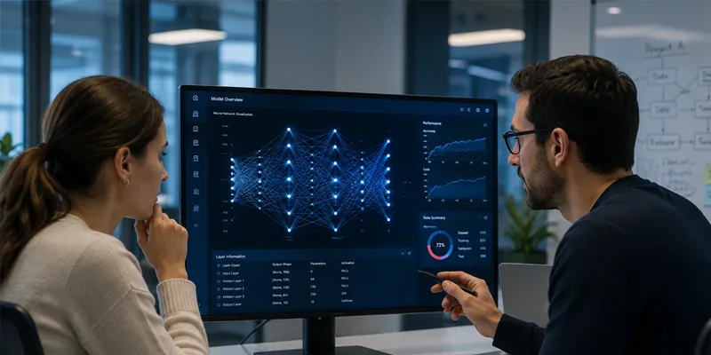 Zwei Kollegen besprechen die Visualisierung eines neuronalen Netzes am Bildschirm