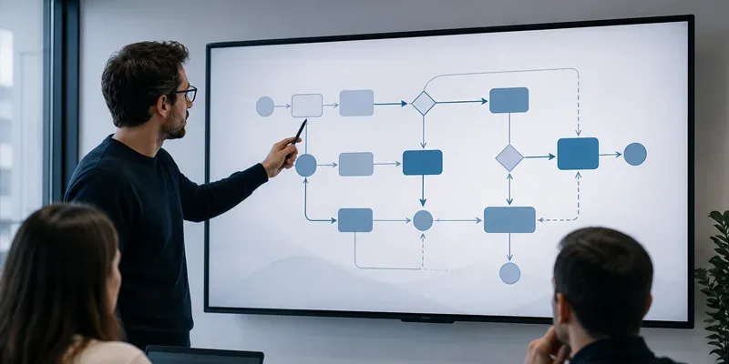 Präsentation eines automatisierten Ablaufdiagramms auf einem großen Bildschirm