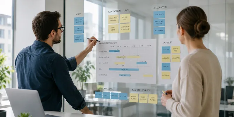 Zwei Personen planen an einer Glaswand einen Kampagnenkalender mit Haftnotizen