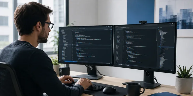 Entwickler arbeitet an zwei Monitoren mit Quellcode einer Weblösung