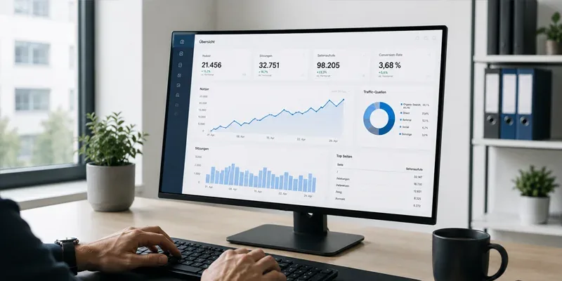 Analyse-Dashboard mit Nutzerzahlen, Traffic-Quellen und steigender Kurve am Monitor