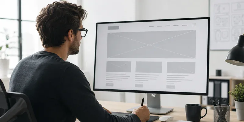 Webdesigner in Köln entwirft ein Website-Layout als Drahtgittermodell am Monitor