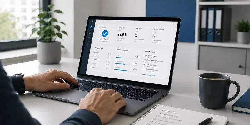 Laptop mit Wartungsübersicht einer Website, Verfügbarkeit und offene Aufgaben