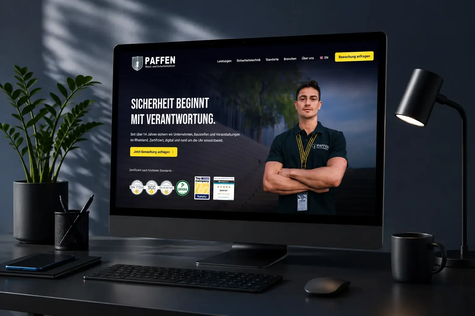 Referenz: Website des Wach- und Sicherheitsdienstes Paffen auf einem Monitor