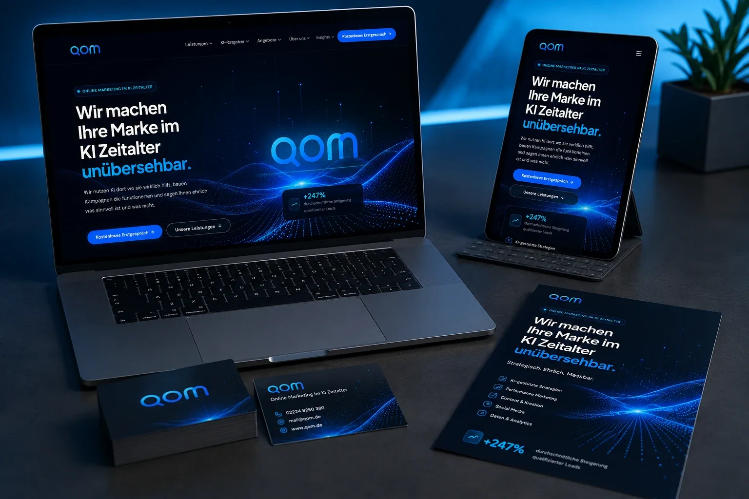 Referenz: Markenauftritt der Agentur qom auf Laptop, Tablet und in gedruckter Form